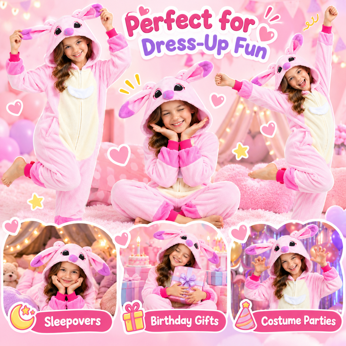 Kids pink zip-up animal onesie pajamas - birthday parties and dress-up occasions