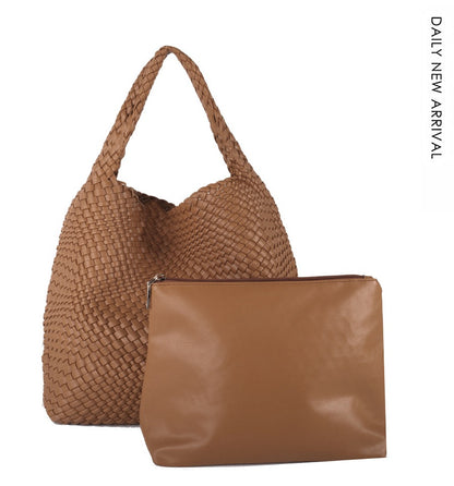 Women Vegan Leather Hand Woven Tote Handbag Large Capacity Shoulder Top-handle Bag All-Match Underarm Bag with Purse