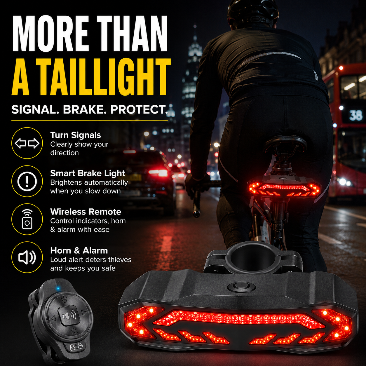 Rechargeable rear bike light illuminated at night