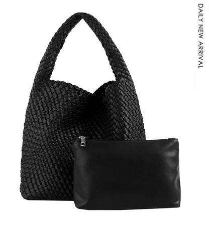 Women Vegan Leather Hand Woven Tote Handbag Large Capacity Shoulder Top-handle Bag All-Match Underarm Bag with Purse