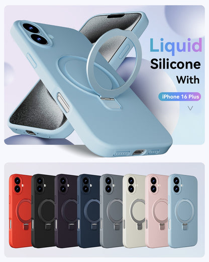 Mag-Ring Designed for iPhone 16 Case, Liquid Silicone [Moisturizing Factor] Extreme Soft Slim Phone Case with Stand [Compatible with MagSafe] for iPhone16 6.1 inch Men Women