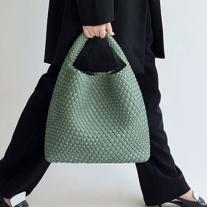 Women Vegan Leather Hand Woven Tote Handbag Large Capacity Shoulder Top-handle Bag All-Match Underarm Bag with Purse