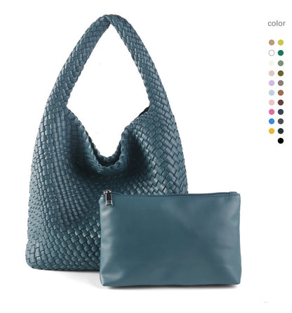 Women Vegan Leather Hand Woven Tote Handbag Large Capacity Shoulder Top-handle Bag All-Match Underarm Bag with Purse