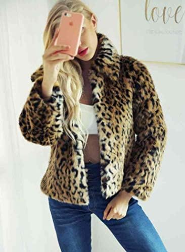 Womens Leopard Coat Winter Thick Faux Fur Coat Fashion Turn Down Collar Cocktail Short Jacket Cardigan Coat