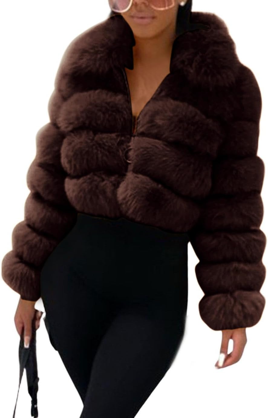 loveimgs Women Fluffy Faux Fur Coat Cropped Jacket Puffer Jacket Zip Up Winter Warm Fuzzy Teddy Jacket