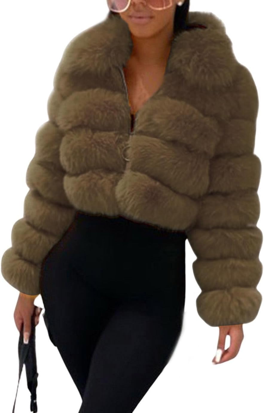 loveimgs Women Fluffy Faux Fur Coat Cropped Jacket Puffer Jacket Zip Up Winter Warm Fuzzy Teddy Jacket