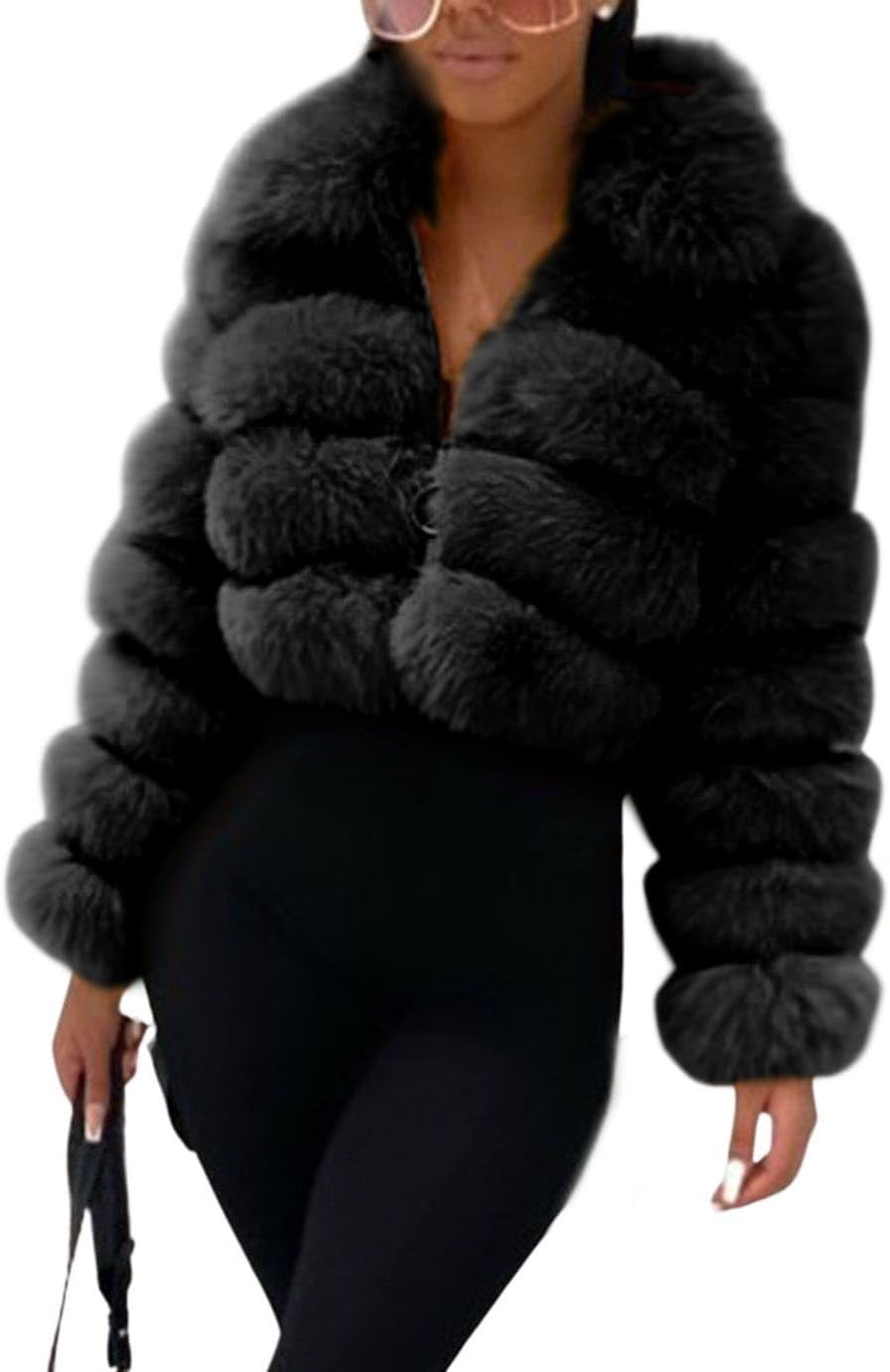 loveimgs Women Fluffy Faux Fur Coat Cropped Jacket Puffer Jacket Zip Up Winter Warm Fuzzy Teddy Jacket