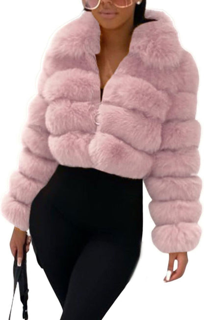 loveimgs Women Fluffy Faux Fur Coat Cropped Jacket Puffer Jacket Zip Up Winter Warm Fuzzy Teddy Jacket