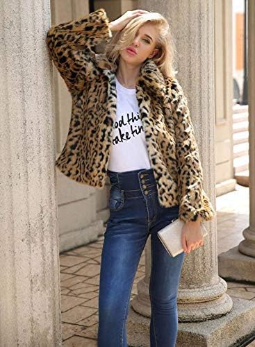 Womens Leopard Coat Winter Thick Faux Fur Coat Fashion Turn Down Collar Cocktail Short Jacket Cardigan Coat