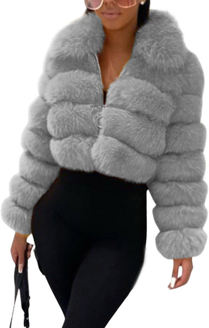 loveimgs Women Fluffy Faux Fur Coat Cropped Jacket Puffer Jacket Zip Up Winter Warm Fuzzy Teddy Jacket