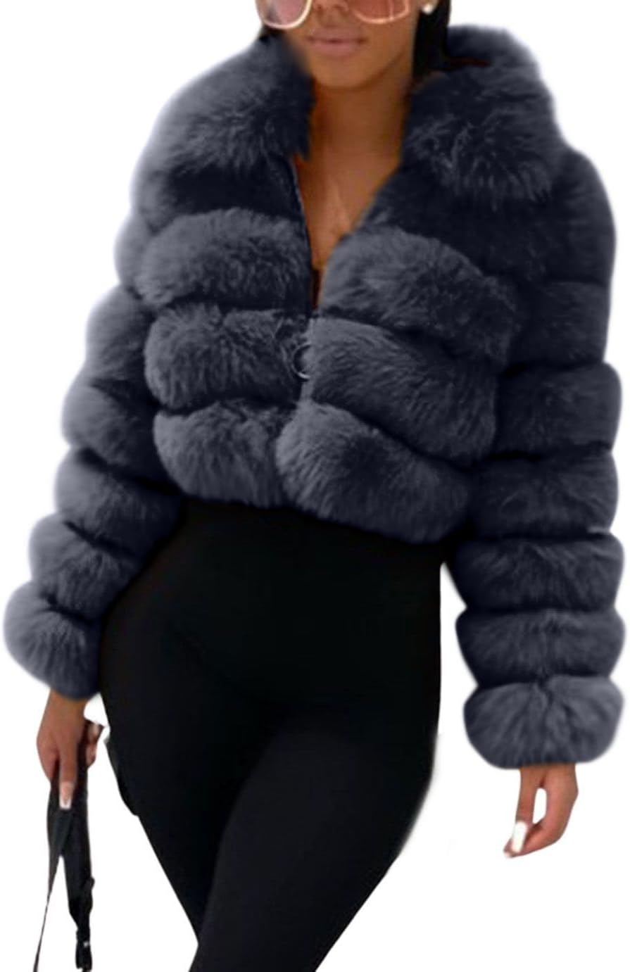 loveimgs Women Fluffy Faux Fur Coat Cropped Jacket Puffer Jacket Zip Up Winter Warm Fuzzy Teddy Jacket