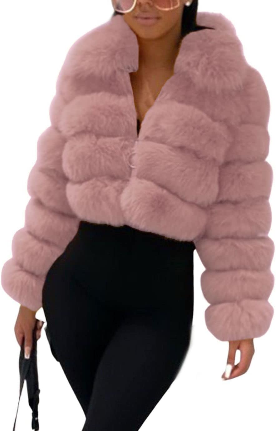 loveimgs Women Fluffy Faux Fur Coat Cropped Jacket Puffer Jacket Zip Up Winter Warm Fuzzy Teddy Jacket