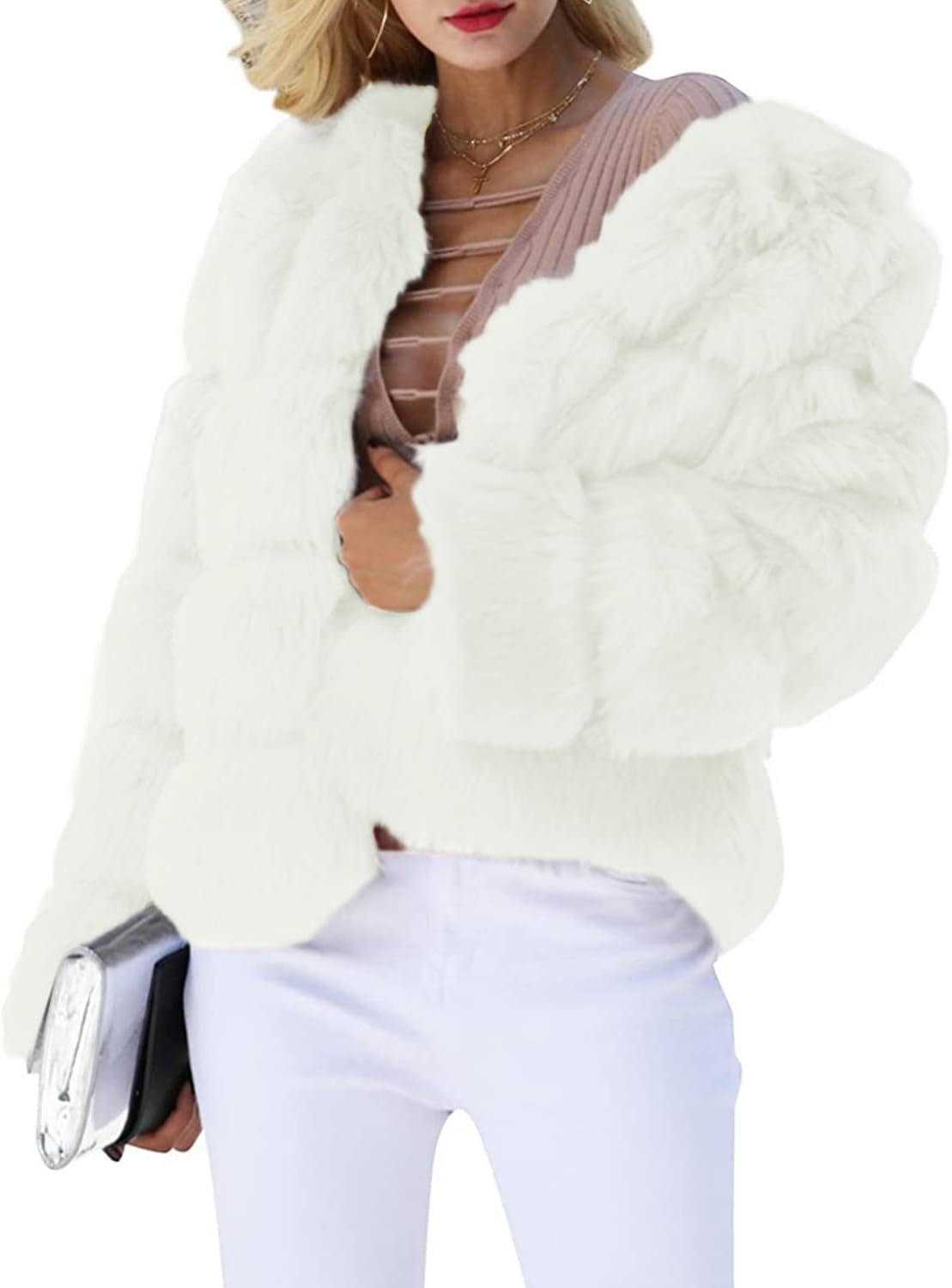 Simplee Women Luxury Winter Warm Fluffy Faux Fur Short Coat Jacket Parka Outwear