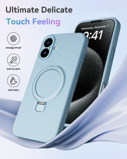 Mag-Ring Designed for iPhone 16 Case, Liquid Silicone [Moisturizing Factor] Extreme Soft Slim Phone Case with Stand [Compatible with MagSafe] for iPhone16 6.1 inch Men Women