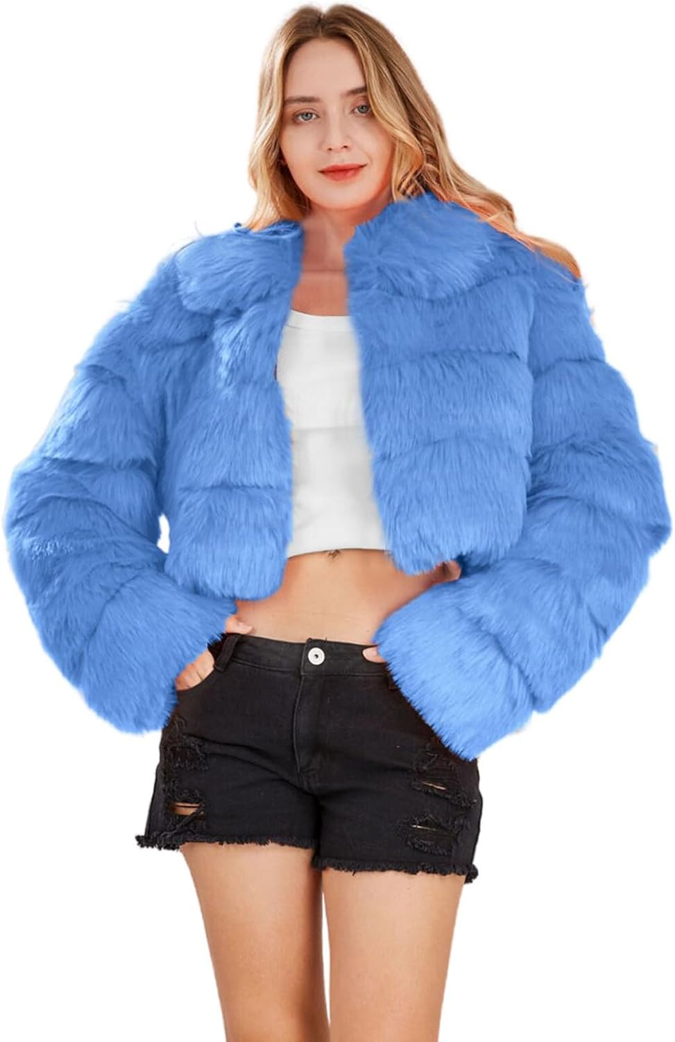 loveimgs Women Fluffy Faux Fur Coat Cropped Jacket Puffer Jacket Zip Up Winter Warm Fuzzy Teddy Jacket