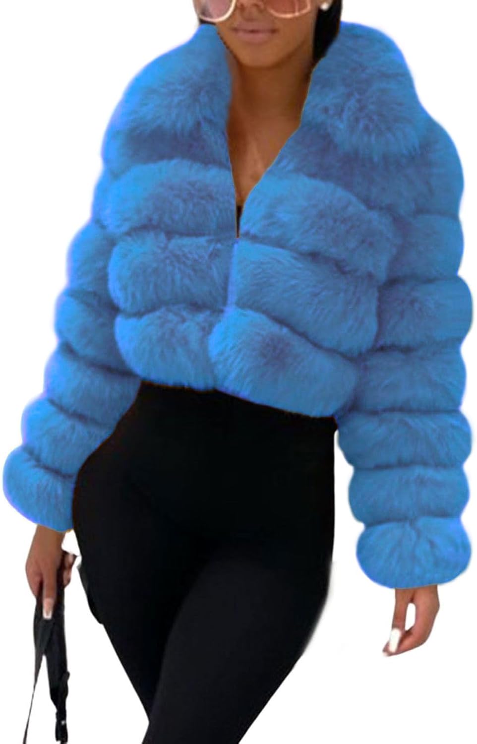 loveimgs Women Fluffy Faux Fur Coat Cropped Jacket Puffer Jacket Zip Up Winter Warm Fuzzy Teddy Jacket