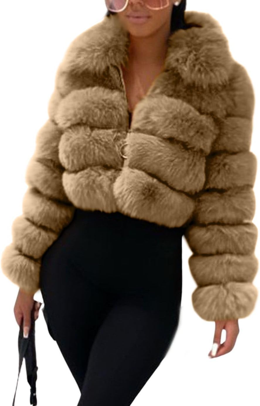 loveimgs Women Fluffy Faux Fur Coat Cropped Jacket Puffer Jacket Zip Up Winter Warm Fuzzy Teddy Jacket