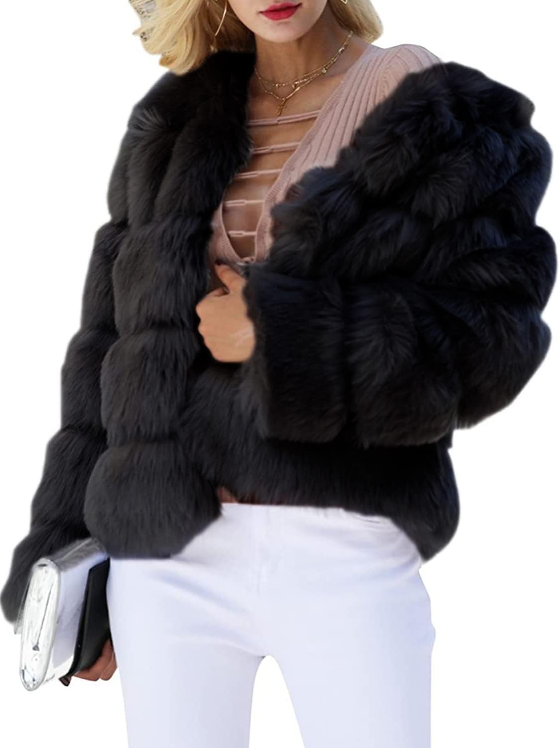 Simplee Women Luxury Winter Warm Fluffy Faux Fur Short Coat Jacket Parka Outwear