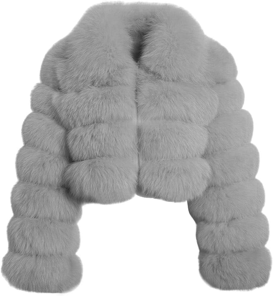 loveimgs Women Fluffy Faux Fur Coat Cropped Jacket Puffer Jacket Zip Up Winter Warm Fuzzy Teddy Jacket