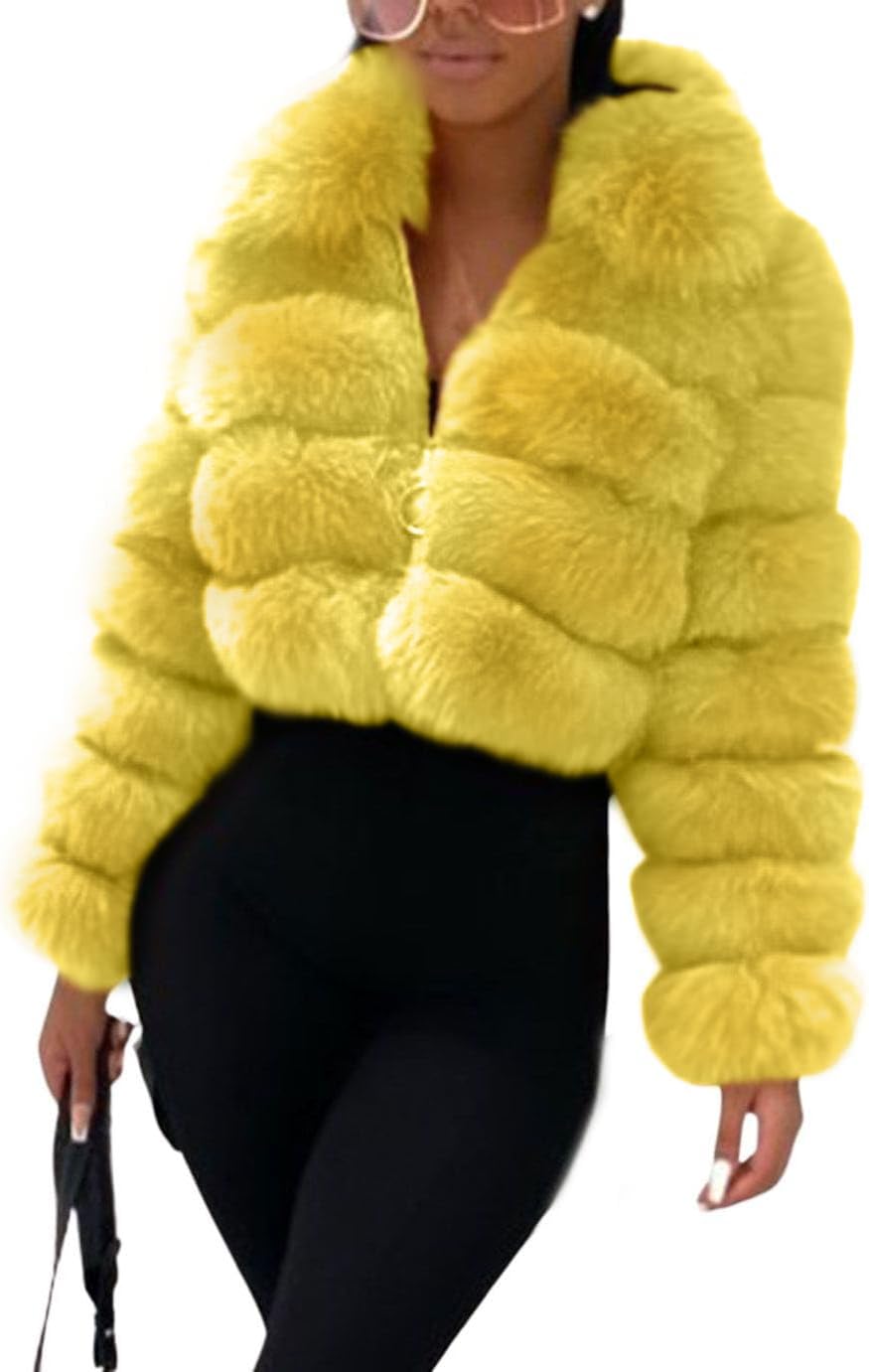 loveimgs Women Fluffy Faux Fur Coat Cropped Jacket Puffer Jacket Zip Up Winter Warm Fuzzy Teddy Jacket