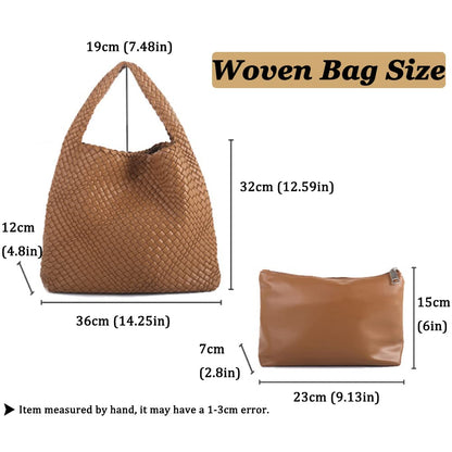 Women Vegan Leather Hand Woven Tote Handbag Large Capacity Shoulder Top-handle Bag All-Match Underarm Bag with Purse