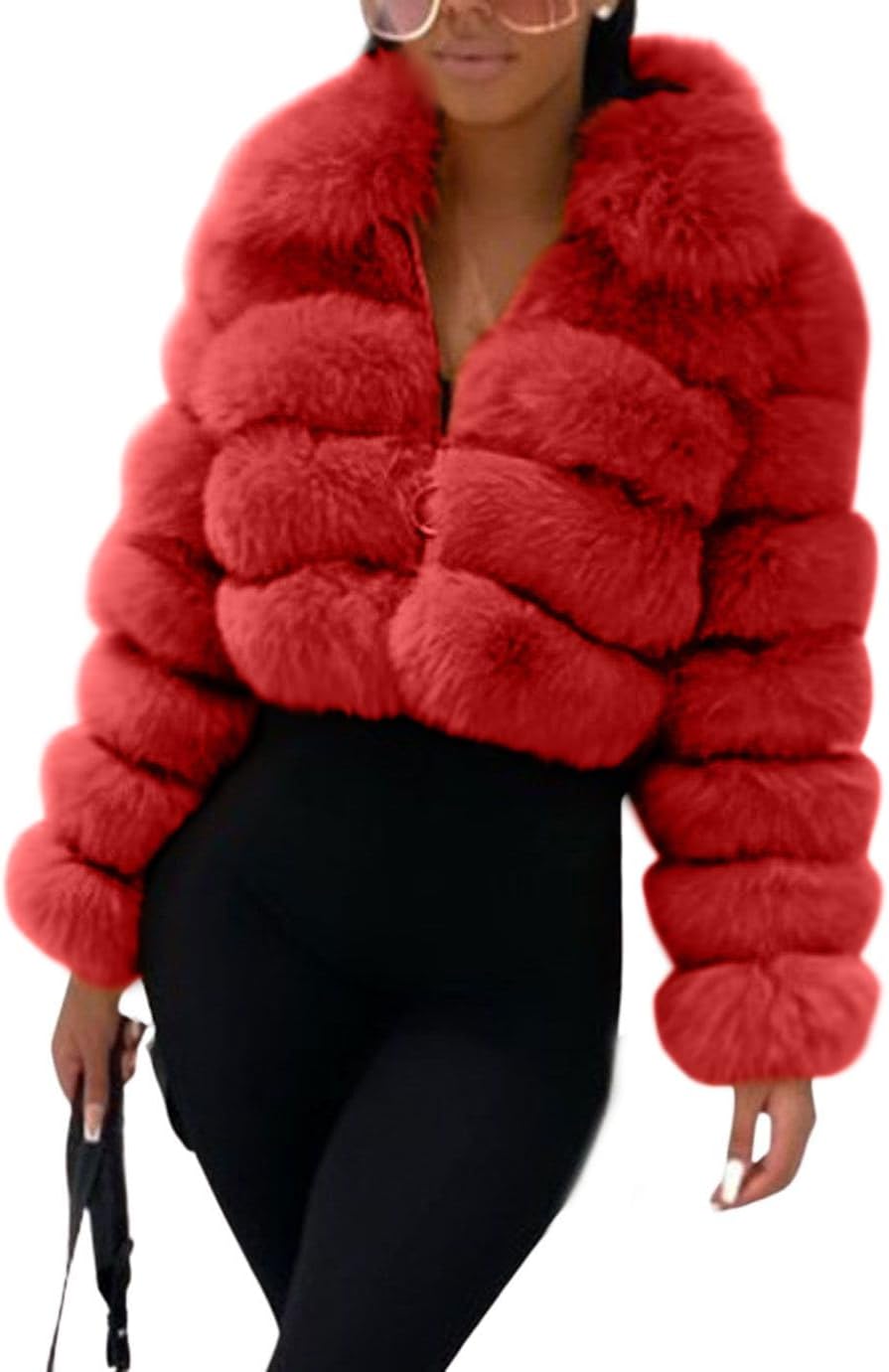 loveimgs Women Fluffy Faux Fur Coat Cropped Jacket Puffer Jacket Zip Up Winter Warm Fuzzy Teddy Jacket