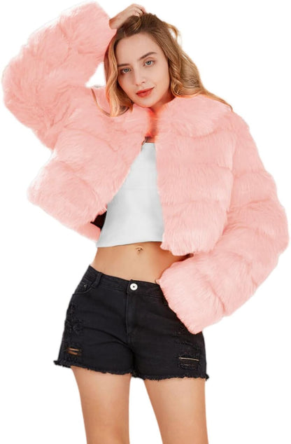 loveimgs Women Fluffy Faux Fur Coat Cropped Jacket Puffer Jacket Zip Up Winter Warm Fuzzy Teddy Jacket