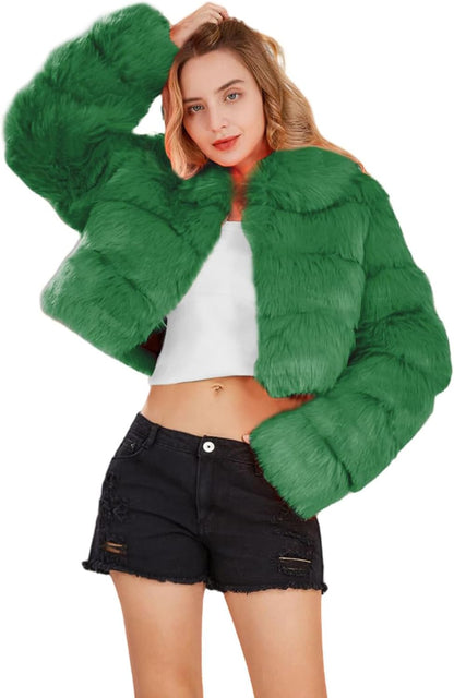 loveimgs Women Fluffy Faux Fur Coat Cropped Jacket Puffer Jacket Zip Up Winter Warm Fuzzy Teddy Jacket