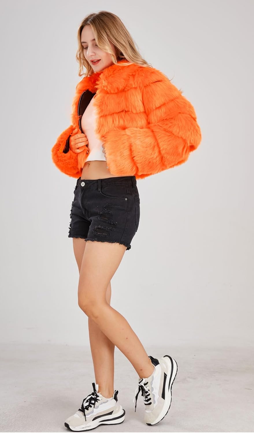 loveimgs Women Fluffy Faux Fur Coat Cropped Jacket Puffer Jacket Zip Up Winter Warm Fuzzy Teddy Jacket