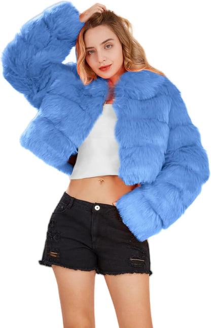 loveimgs Women Fluffy Faux Fur Coat Cropped Jacket Puffer Jacket Zip Up Winter Warm Fuzzy Teddy Jacket