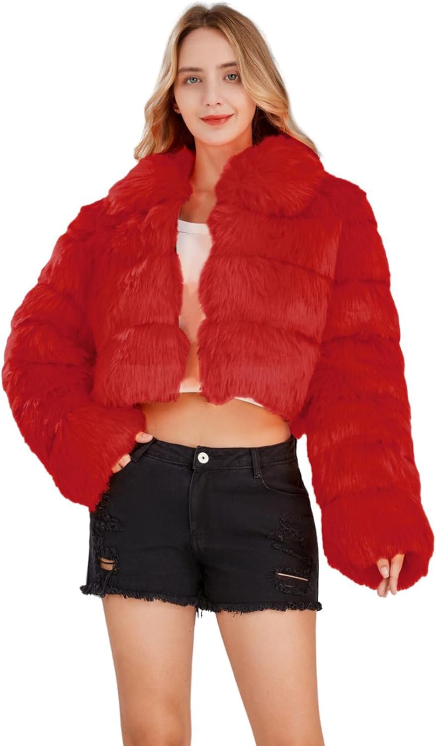 loveimgs Women Fluffy Faux Fur Coat Cropped Jacket Puffer Jacket Zip Up Winter Warm Fuzzy Teddy Jacket