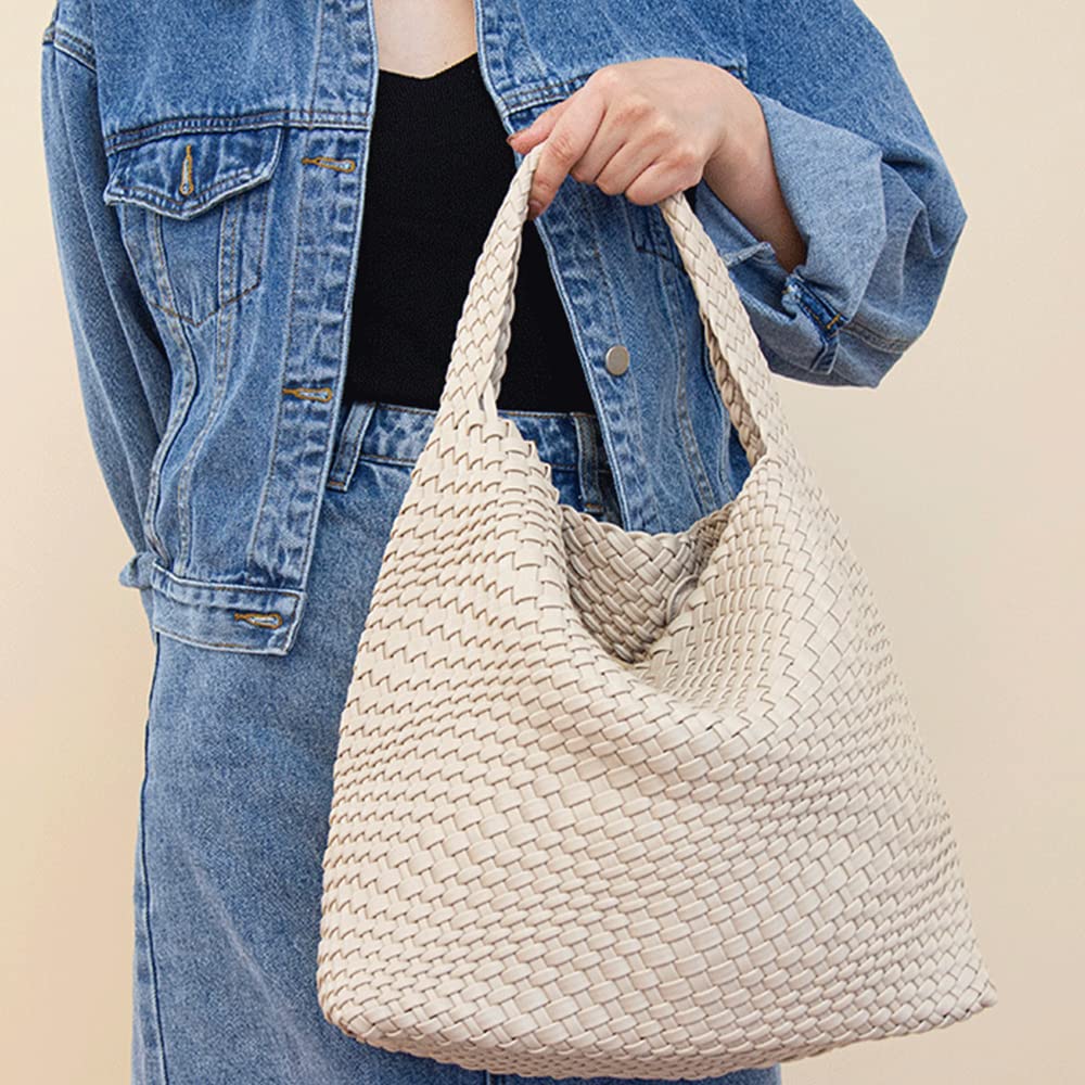 Women Vegan Leather Hand Woven Tote Handbag Large Capacity Shoulder Top-handle Bag All-Match Underarm Bag with Purse