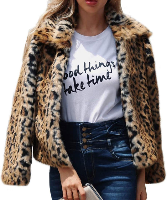 Womens Leopard Coat Winter Thick Faux Fur Coat Fashion Turn Down Collar Cocktail Short Jacket Cardigan Coat