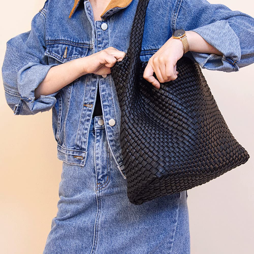 Women Vegan Leather Hand Woven Tote Handbag Large Capacity Shoulder Top-handle Bag All-Match Underarm Bag with Purse