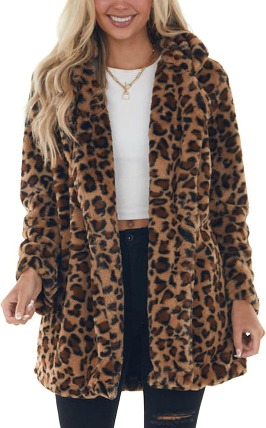 Womens Faux Fur Coats Leopard Jackets Loose Warm Fall Winter Fluffy Jacket Outwear