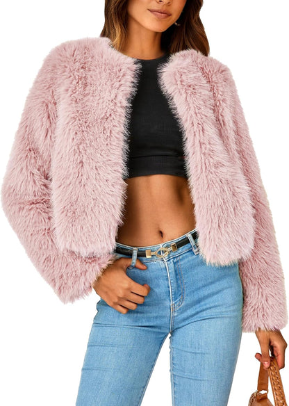 Women's 2024 Winter Coats Fleece Cropped Jacket Faux Fur Long Sleeve Pockets Shaggy Warm Outerwear Fall Clothes