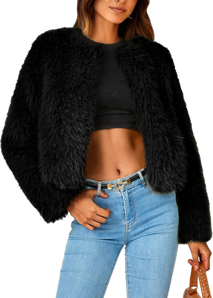 Women's 2024 Winter Coats Fleece Cropped Jacket Faux Fur Long Sleeve Pockets Shaggy Warm Outerwear Fall Clothes