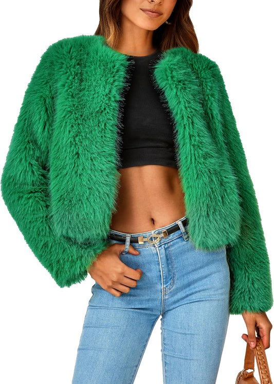 Women's 2024 Winter Coats Fleece Cropped Jacket Faux Fur Long Sleeve Pockets Shaggy Warm Outerwear Fall Clothes