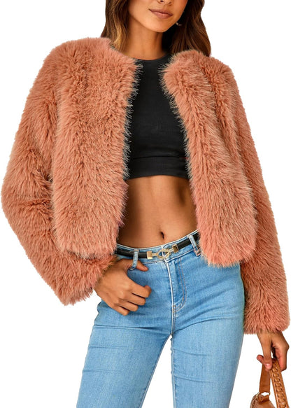 Women's 2024 Winter Coats Fleece Cropped Jacket Faux Fur Long Sleeve Pockets Shaggy Warm Outerwear Fall Clothes