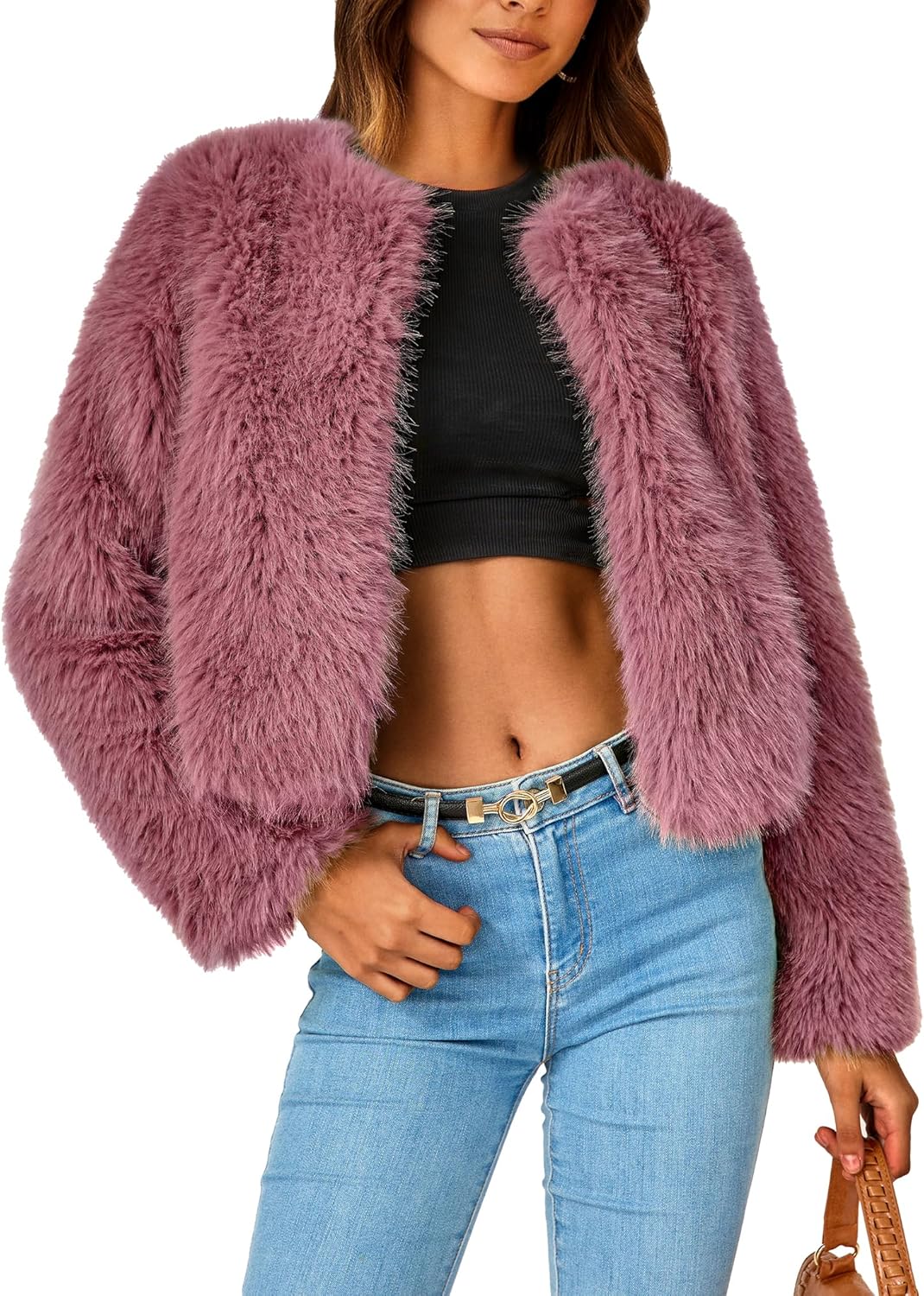 Women's 2024 Winter Coats Fleece Cropped Jacket Faux Fur Long Sleeve Pockets Shaggy Warm Outerwear Fall Clothes