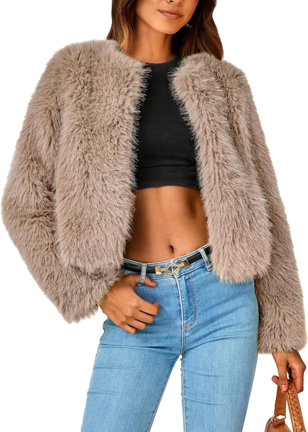 Women's 2024 Winter Coats Fleece Cropped Jacket Faux Fur Long Sleeve Pockets Shaggy Warm Outerwear Fall Clothes