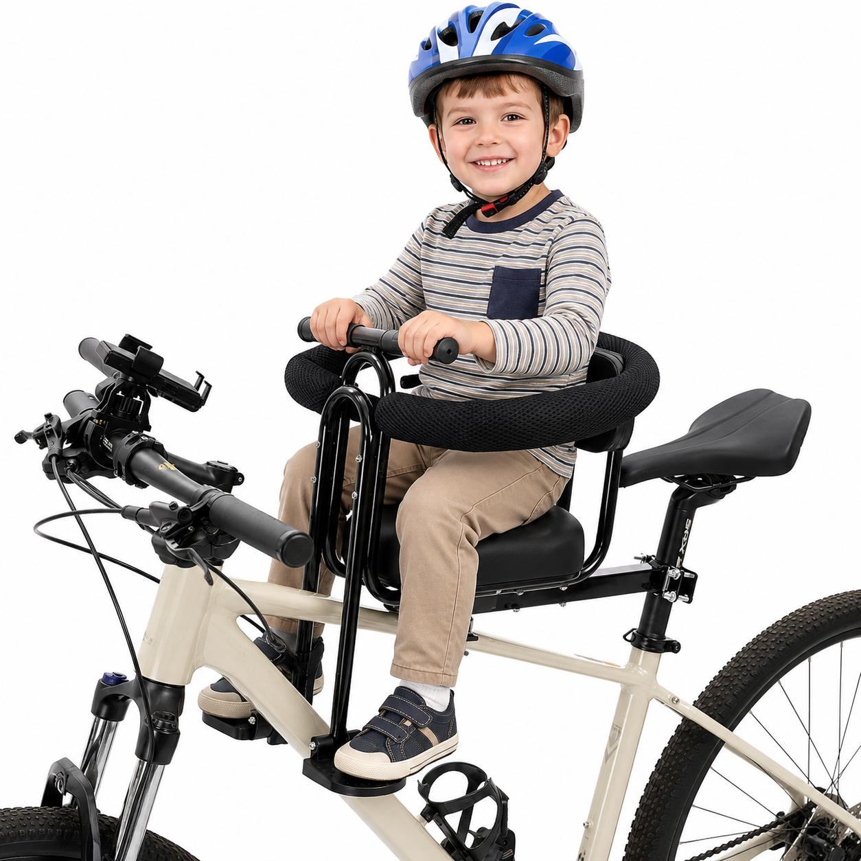 Front-Mounted Child Bike Seat for Adult & Mountain Bikes with Guardrail, Backrest and Footrests