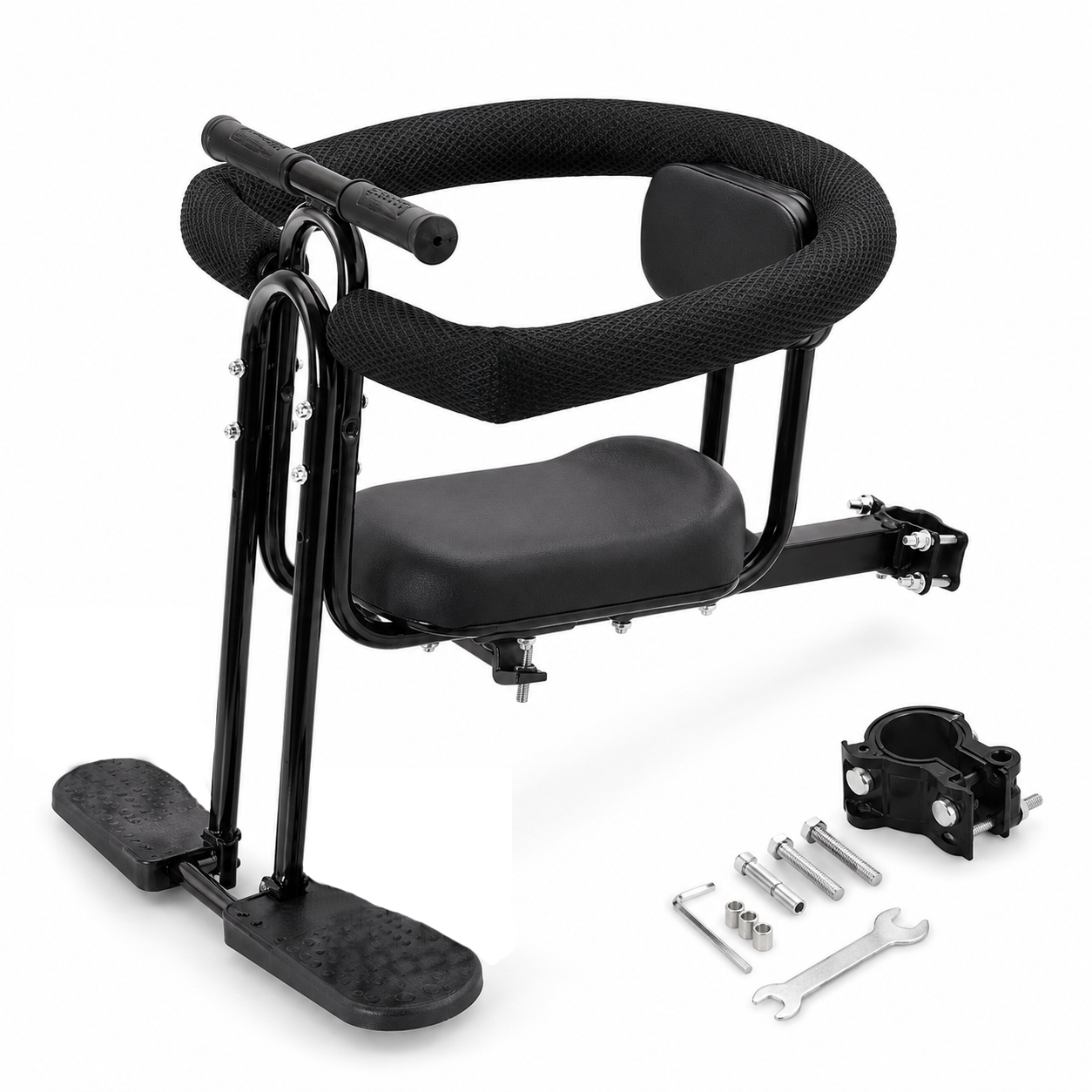 Front-Mounted Child Bike Seat for Adult & Mountain Bikes with Guardrail, Backrest and Footrests