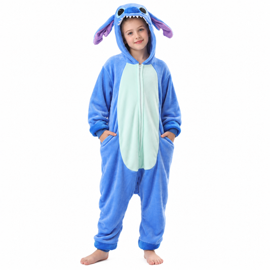 Kids blue zip-up animal onesie pajamas - front view with hood and zipper