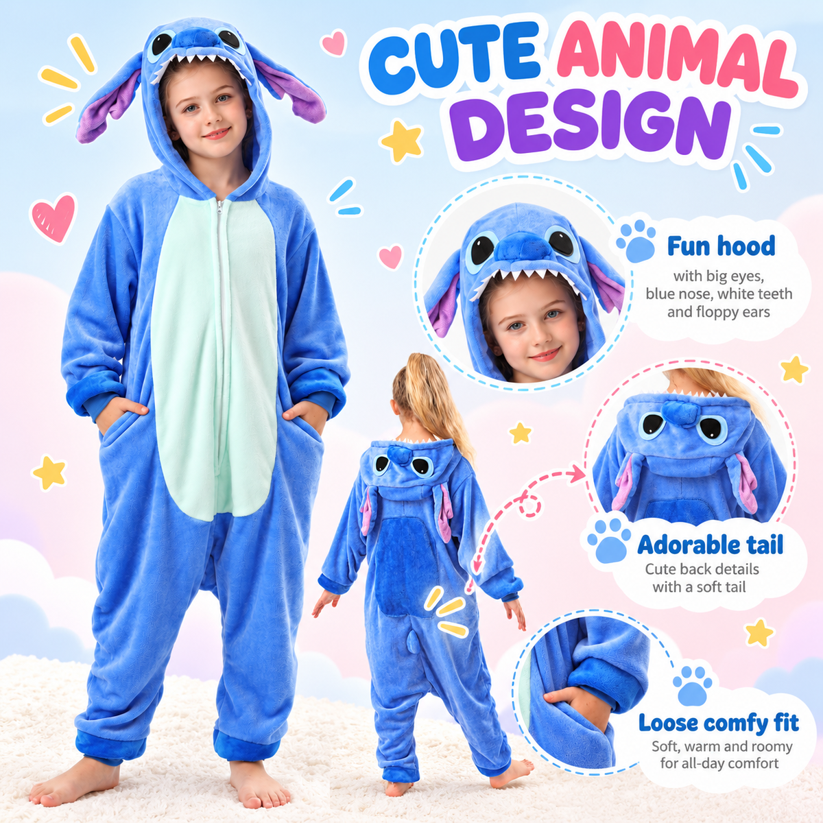 Kids blue zip-up animal onesie pajamas - animal hood, tail and relaxed fit