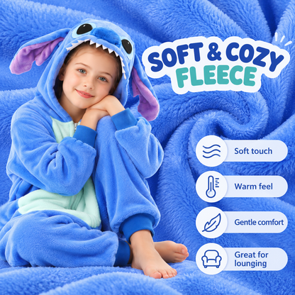 Kids blue zip-up animal onesie pajamas - soft fleece fabric and lounging comfort