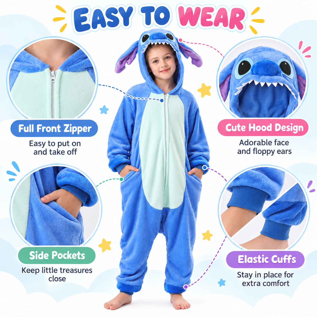 Kids blue zip-up animal onesie pajamas - front zipper, pockets and cuffs
