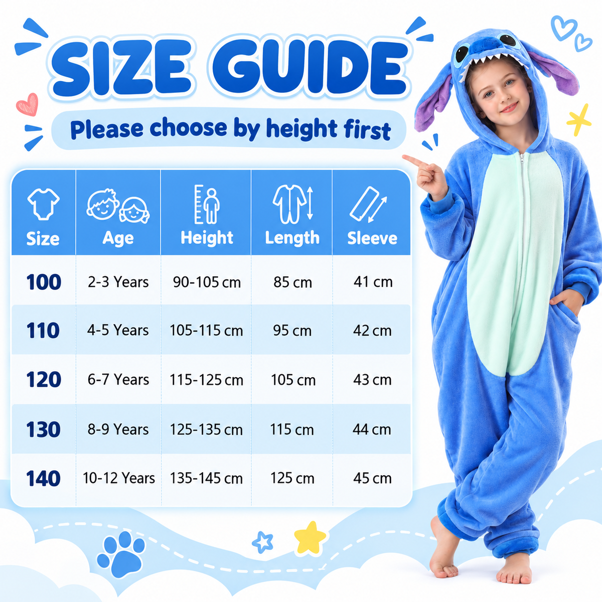 Kids blue zip-up animal onesie pajamas - size guide for ages 2 to 12