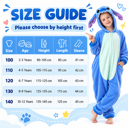 Kids blue zip-up animal onesie pajamas - size guide for ages 2 to 12