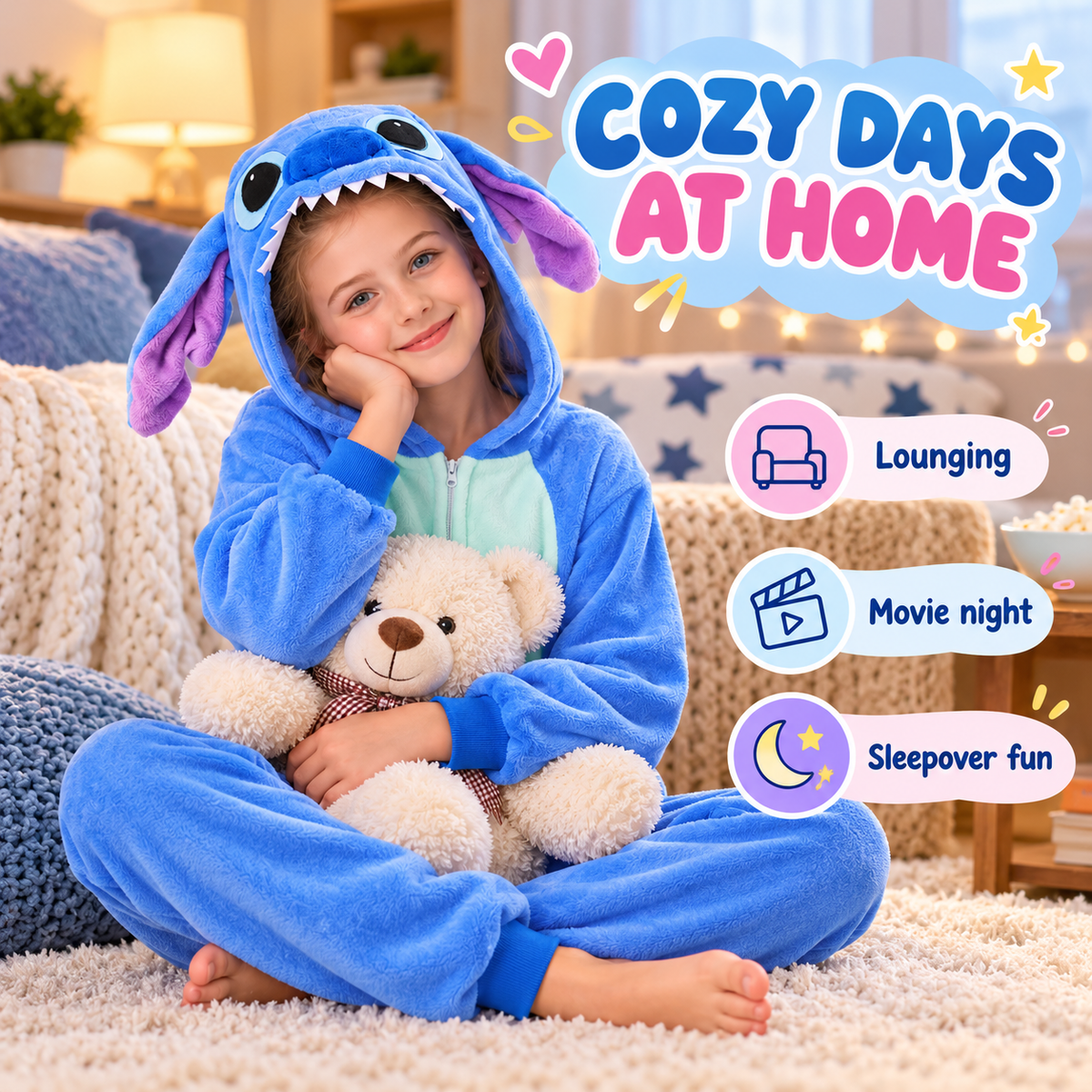 Kids blue zip-up animal onesie pajamas - at-home lounging and movie nights